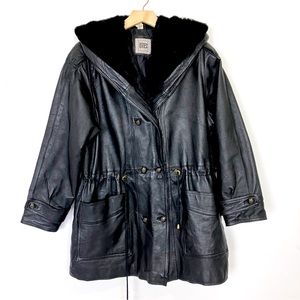 Vintage black leather and faux fur midi coat winter jacket 90s style drawstring